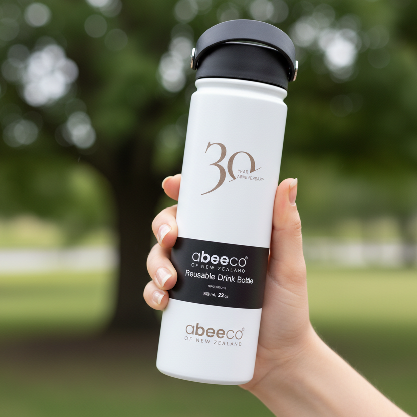 White reusable drink bottle with black lid and abeeco branding in a woman's hand