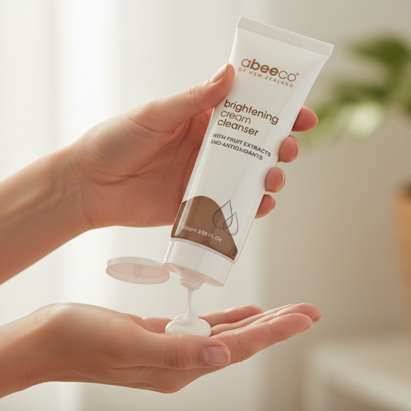 Tube of abeeco brightening cream cleanser on a white background