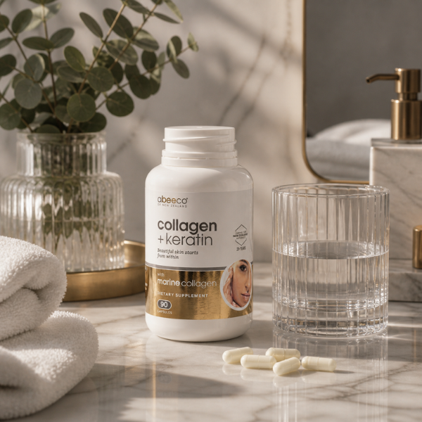 Collagen + Keratin supplement bottle on a marble surface with a glass of water and folded towels.