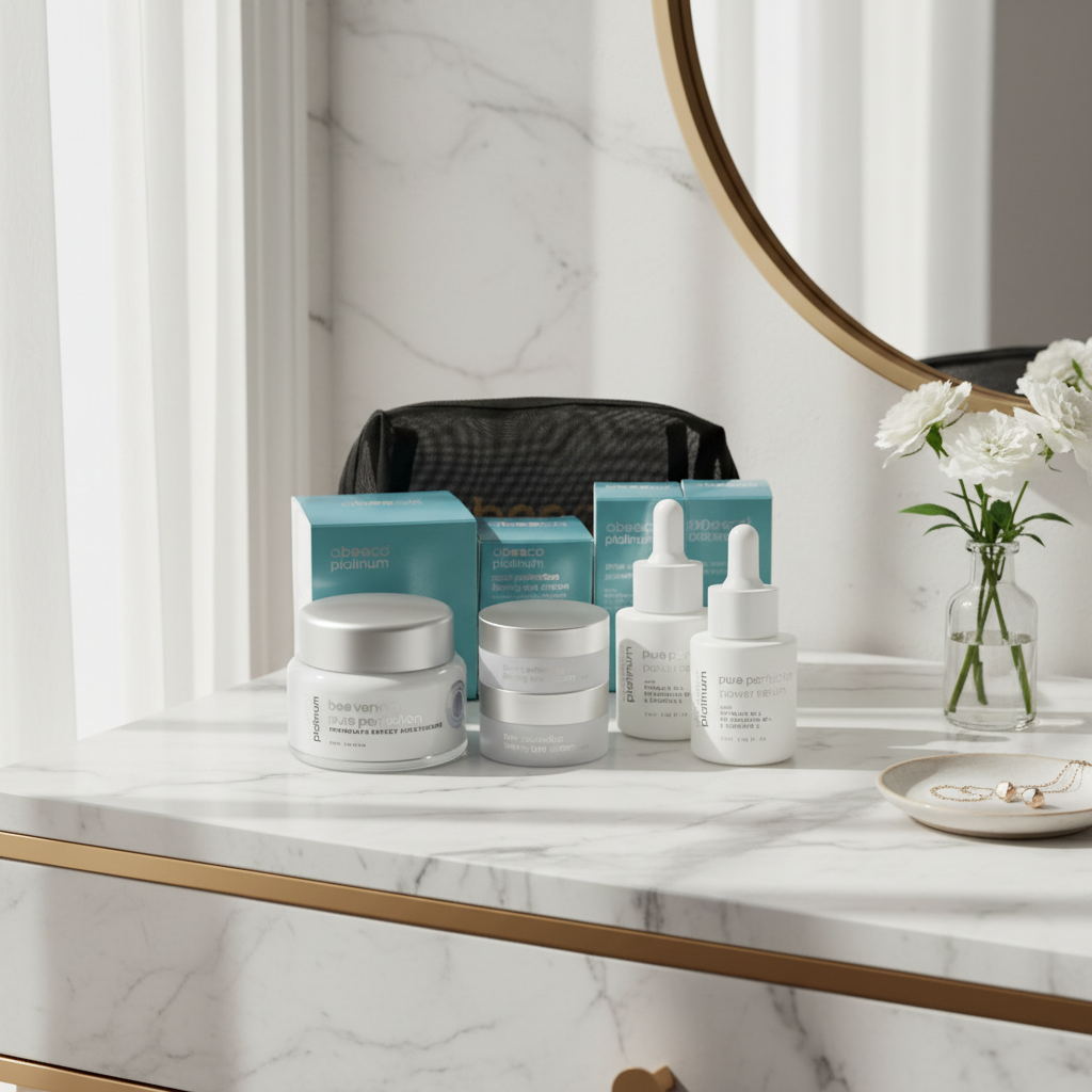 Skincare product set with jars, bottles, and a pouch sitting on a dressing table