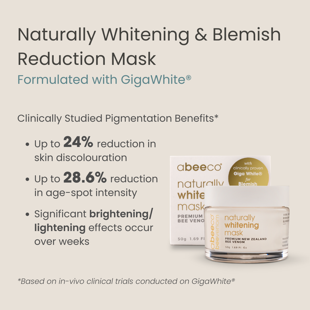 Abeeco naturally white mask with clinical benefits based on in-vivo clinical trials conducted on GigaWhite® on a beige background