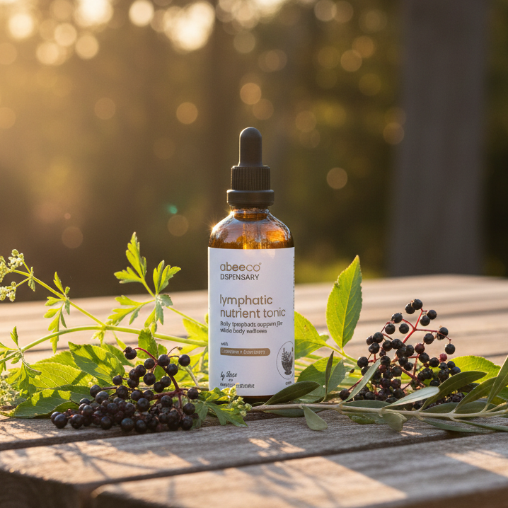 Lumphatic Herbal Tonic bottle on an outdoor table surrounded by clevers, olive leaf and elderberry