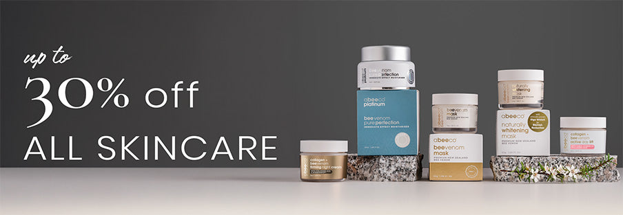 a group of abeeco's best selling skincare products with a 30% off sale callout