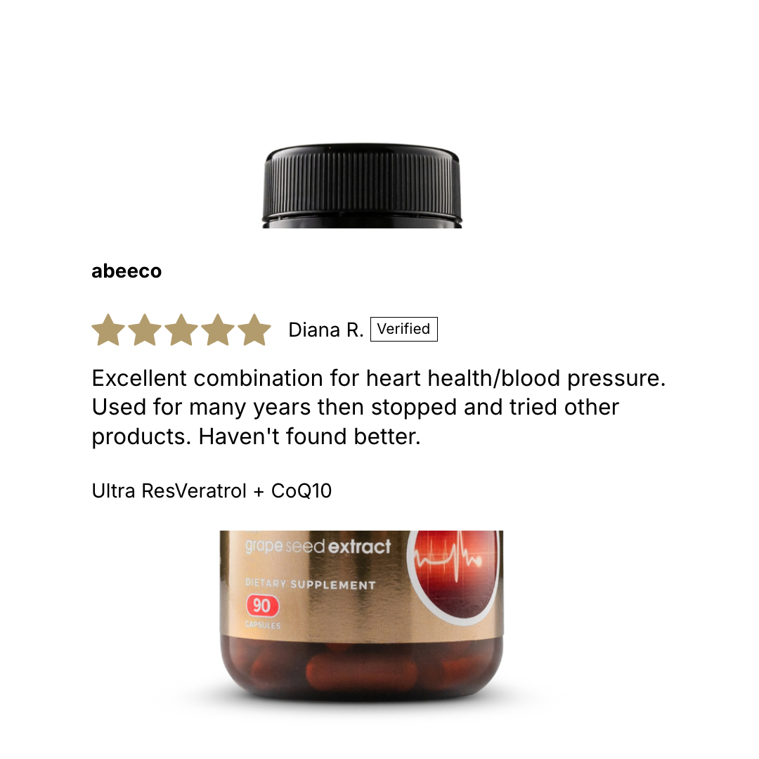 A supplement bottle with a black cap and amber-brown body on a white background, shown above a customer review for abeeco. The bottle label includes a gold band and a red heart graphic.