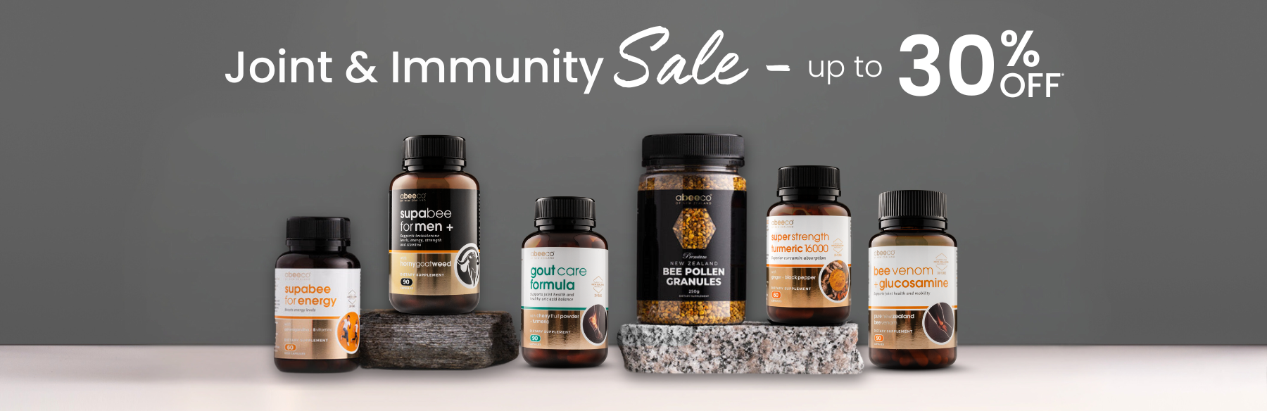 Supplement bottles on a gray background with 'Joint & Immunity Sale' text.