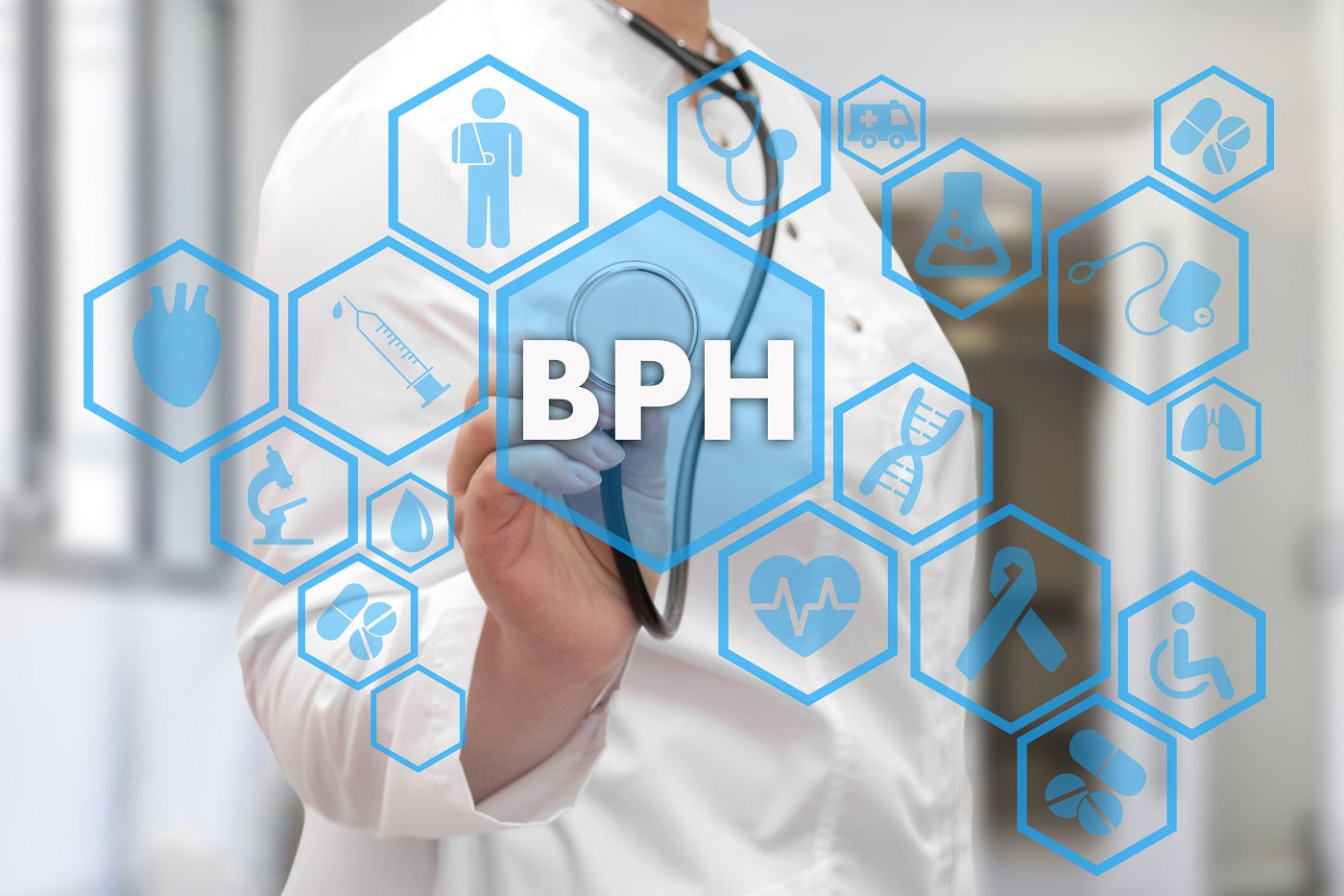 Doctor holding a stethoscope to a benign prostatic hypertrophy symbol