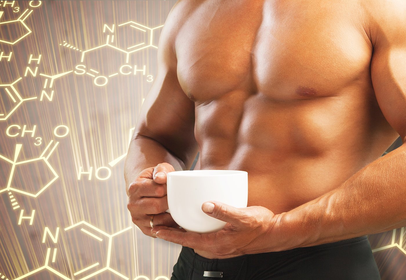 Close up of man’s upper torso while holding cup of coffee