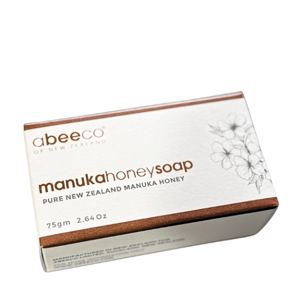 Box of abeeCo manuka honey soap on a white background
