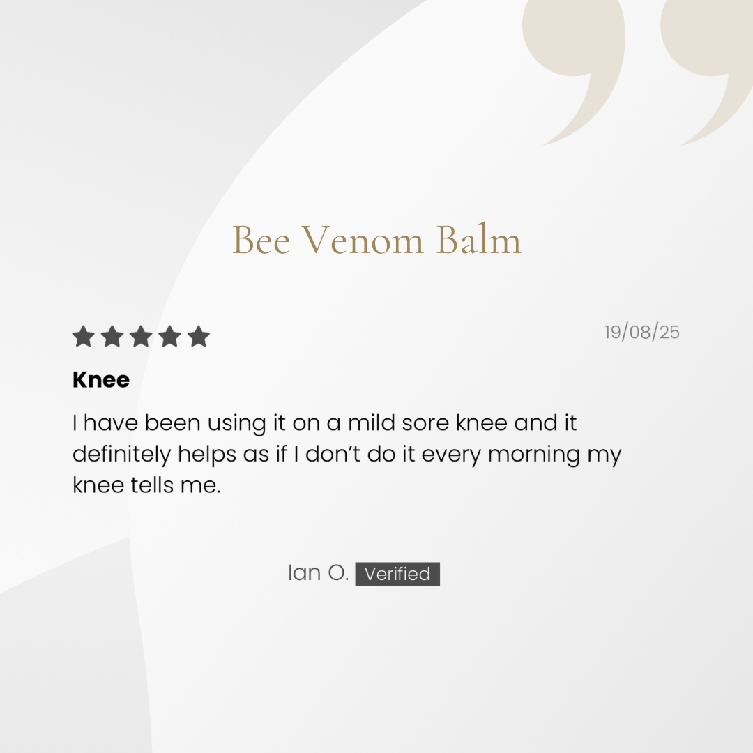 Product review for Bee Venom Balm on a white background with a verified user's testimonial.