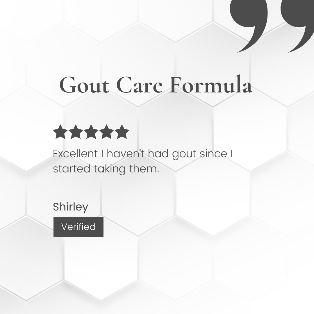 Gout Care Formula product with customer review on a white background