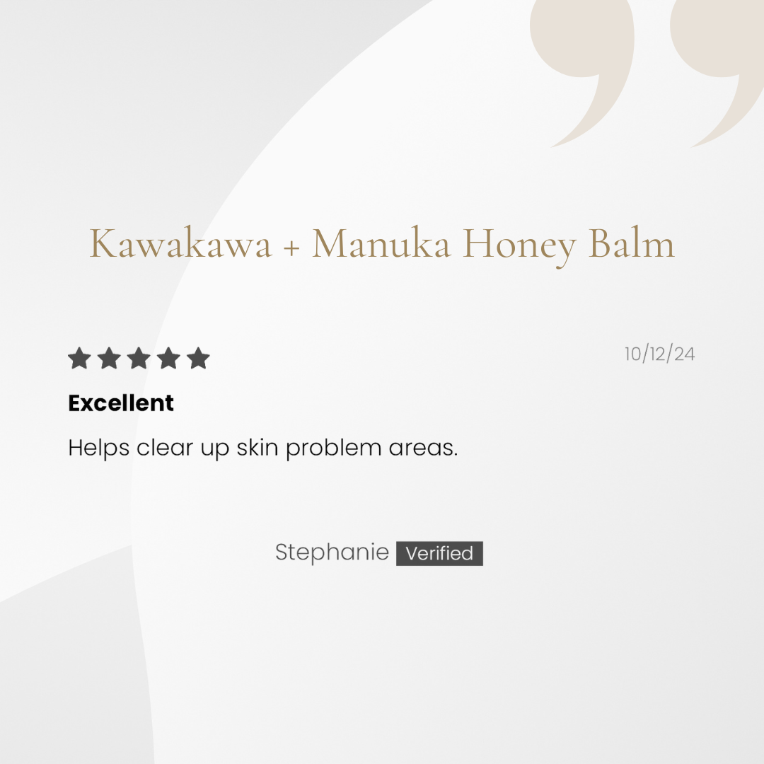 Product review for Kawakawa + Manuka Honey Balm with a star rating and text on a white background.