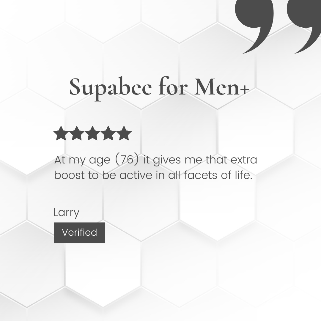 Product review for Supabee for Men+ with a white geometric background