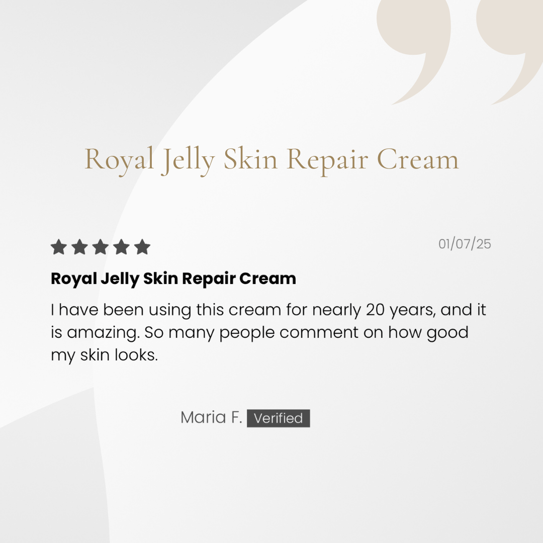 Product review for Royal Jelly Skin Repair Cream with a five-star rating and a testimonial from Maria F.