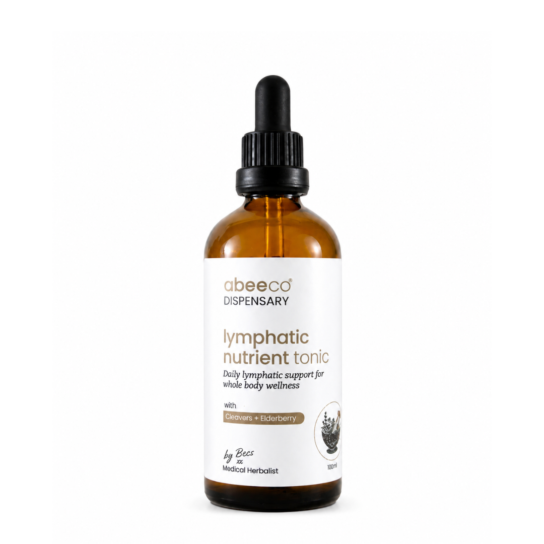 A 200ml dark amber glass bottle of abeeco Dispensary Lymphatic Nutrient Tonic with a white label and black cap, set against a plain white background.