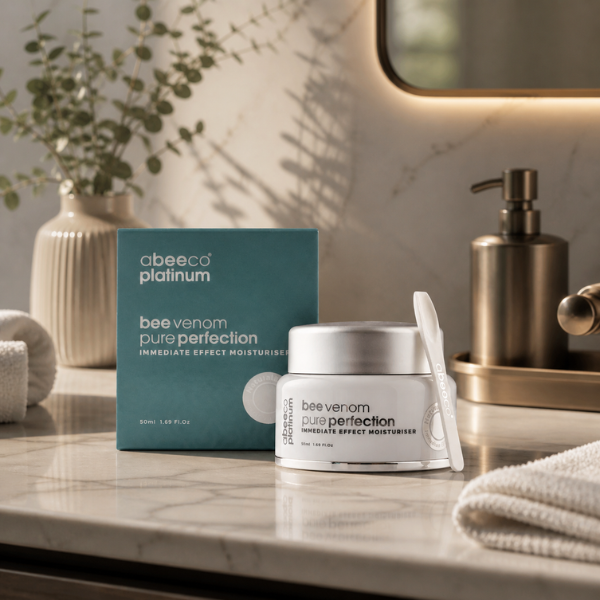 Bee venom skincare product with packaging on a bathroom counter