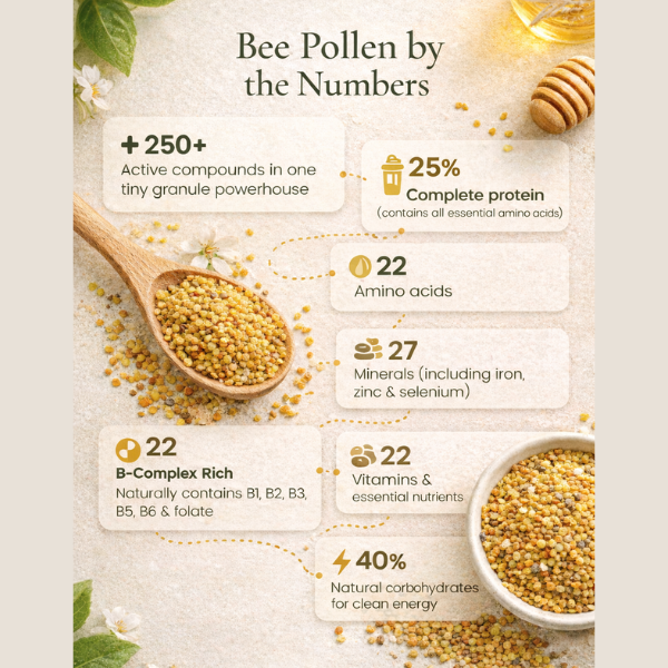 Infographic about bee pollen with text and images of a spoon and bowl filled with bee pollen.