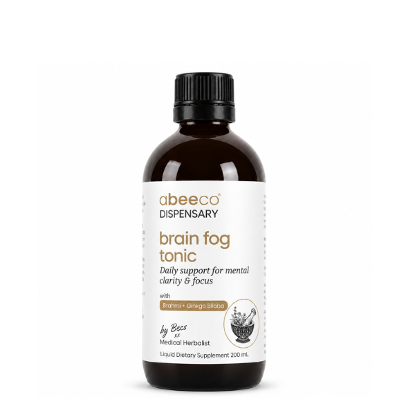 A 200 mL dark amber glass bottle of abeeco Dispensary Brain Fog Tonic with a black cap and white label, set against a plain white background.