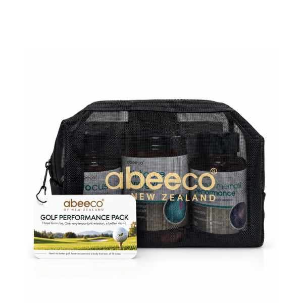 Abbeeco Golf Performance Pack featuring a black mesh zippered pouch containing three supplement bottles, with a white product card in front displaying the Abbeeco logo and a golf course landscape photo.