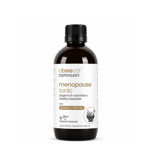 A 200 mL dark amber glass bottle of abeeco Dispensary Menopause Tonic with a black cap and white label, shown on a plain white background.