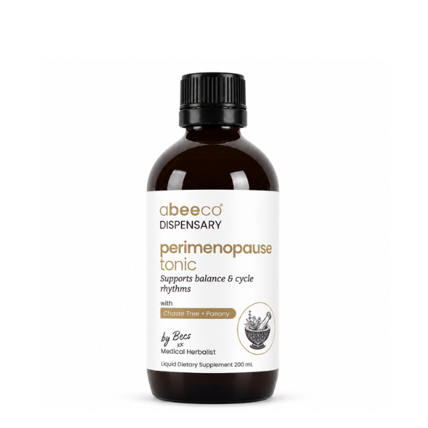 Perimenopause Tonic in a dark amber bottle