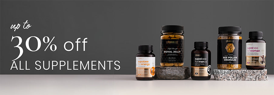 a group of abeeco's best selling supplement products with a 30% off sale callout