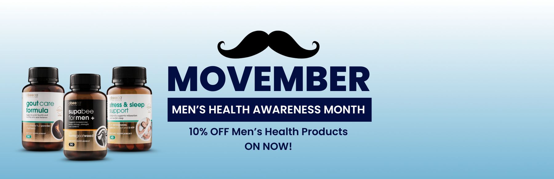 Promotional banner for Movember with men's health products and discount offer on a blue background.