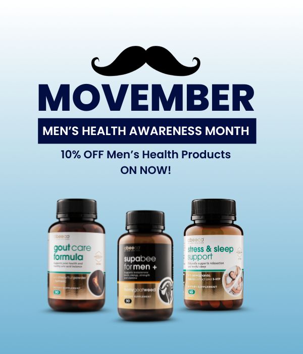 Promotional graphic for Men's Health Awareness Month with supplement bottles on a blue background.