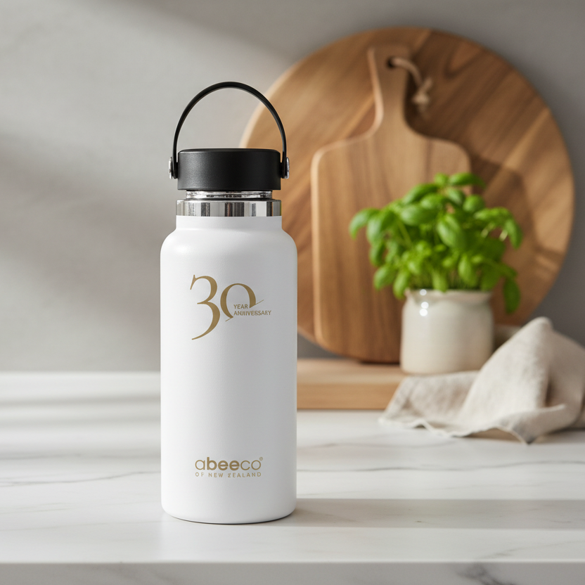 White water bottle with black lid on a wooden surface with a plant and cutting board in the background