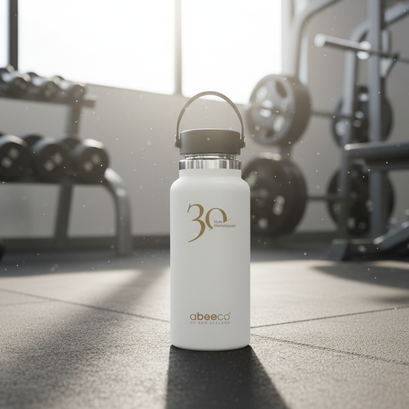White water bottle with '30' logo on a gym floor