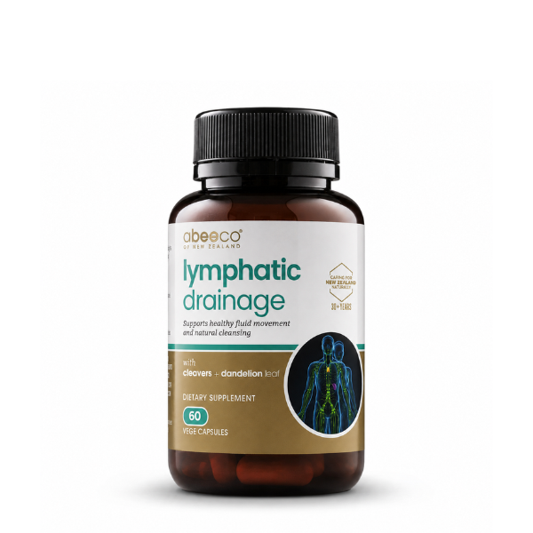 A bottle of abeeco Lymphatic Drainage dietary supplement, featuring an amber brown bottle with a black cap and a white and gold label, set against a plain white background.