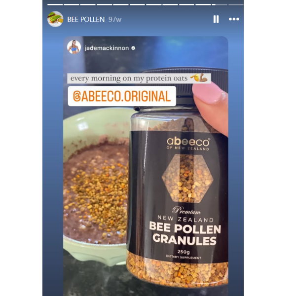 Abeeco New Zealand Bee Pollen Granules packaging with a protein shake in the background