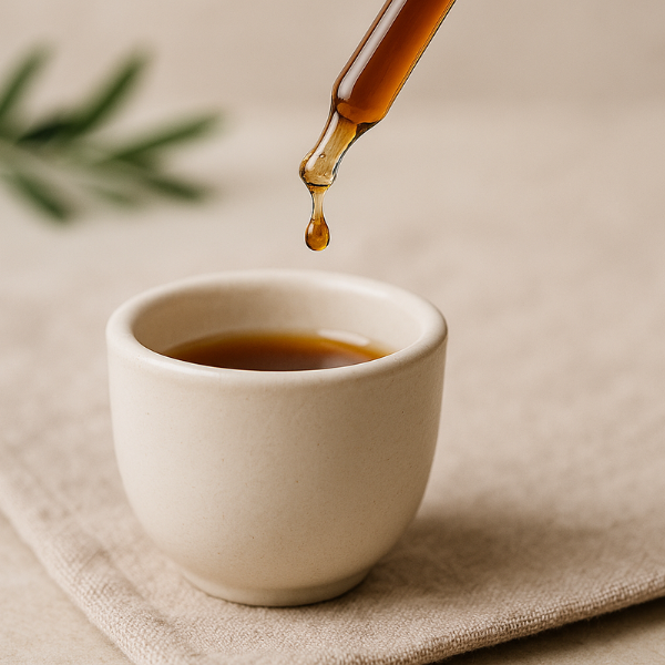 White ceramic cup with a dropper of tonic being added, on a beige surface with a plant in the background.