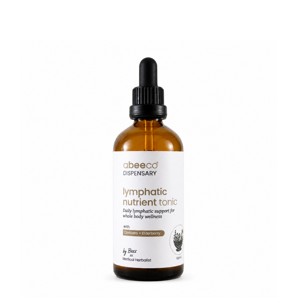 Amber glass bottle with dropper labeled 'lymphatic nutrient tonic' from 'abeeco dispensary' on a white background.