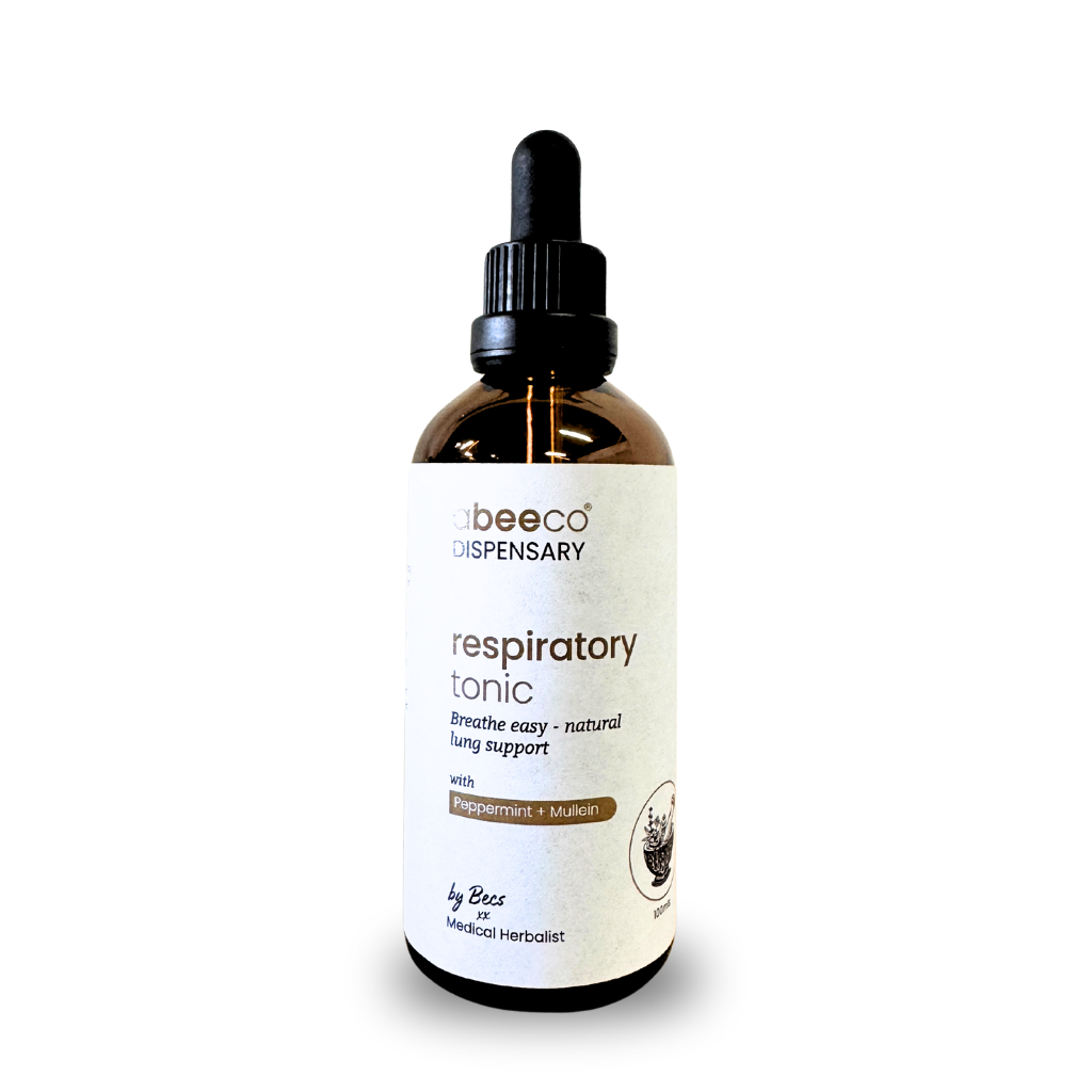Bottle of beeco respiratory tonic on a white background