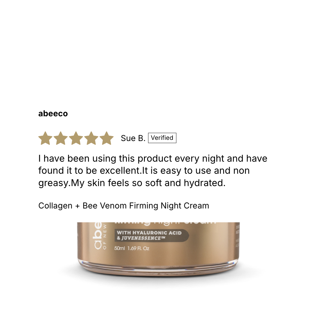 A product review and partial product photo for abeeco Collagen + Bee Venom Firming Night Cream. The image shows a five-star verified review by Sue B.