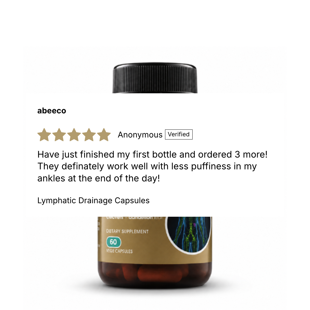 A bottle of dietary supplement capsules shown on a white background with a customer review text above it. The bottle has a black cap, a brown label with a gold section, and dark capsules are visible inside.