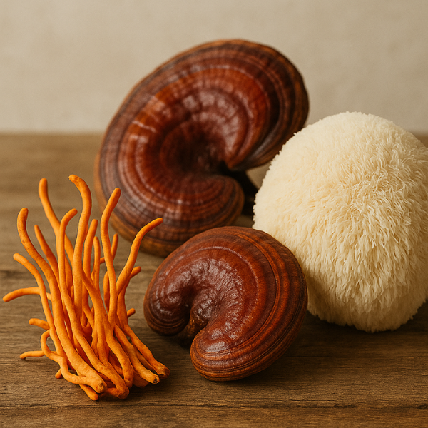 Three different types of mushrooms on a wooden surface with a neutral background